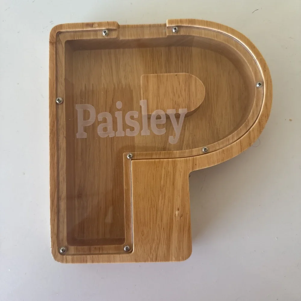 Personalized Wooden Letter Piggy Bank With in Shape Of P With Paisley On It